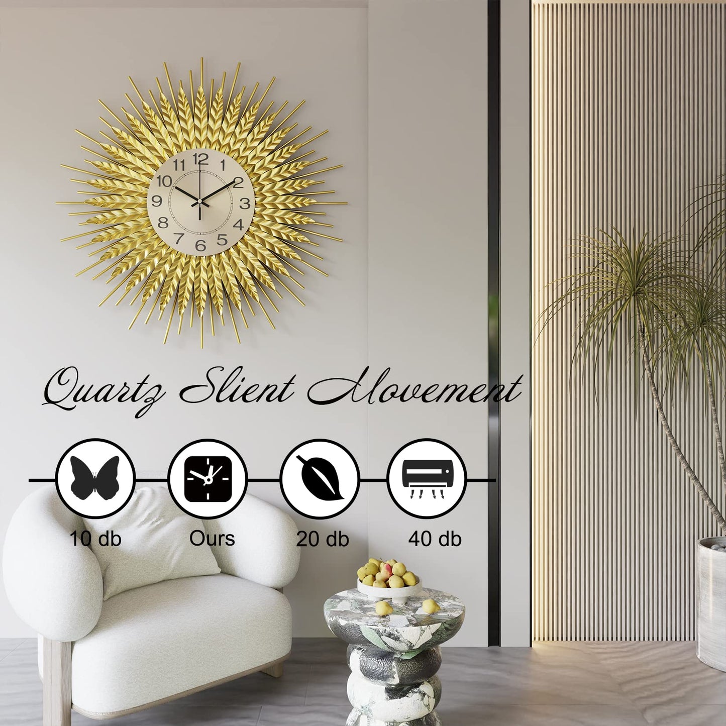DAYDAYART Modern Large Wall Clock Decorative Metal Mid Century Wall Clocks, Gold Big Silent Non-Ticking Clock, Modern Handmade Home Art Decor for Living Room, Bedroom, Dining Room, 24 Inch