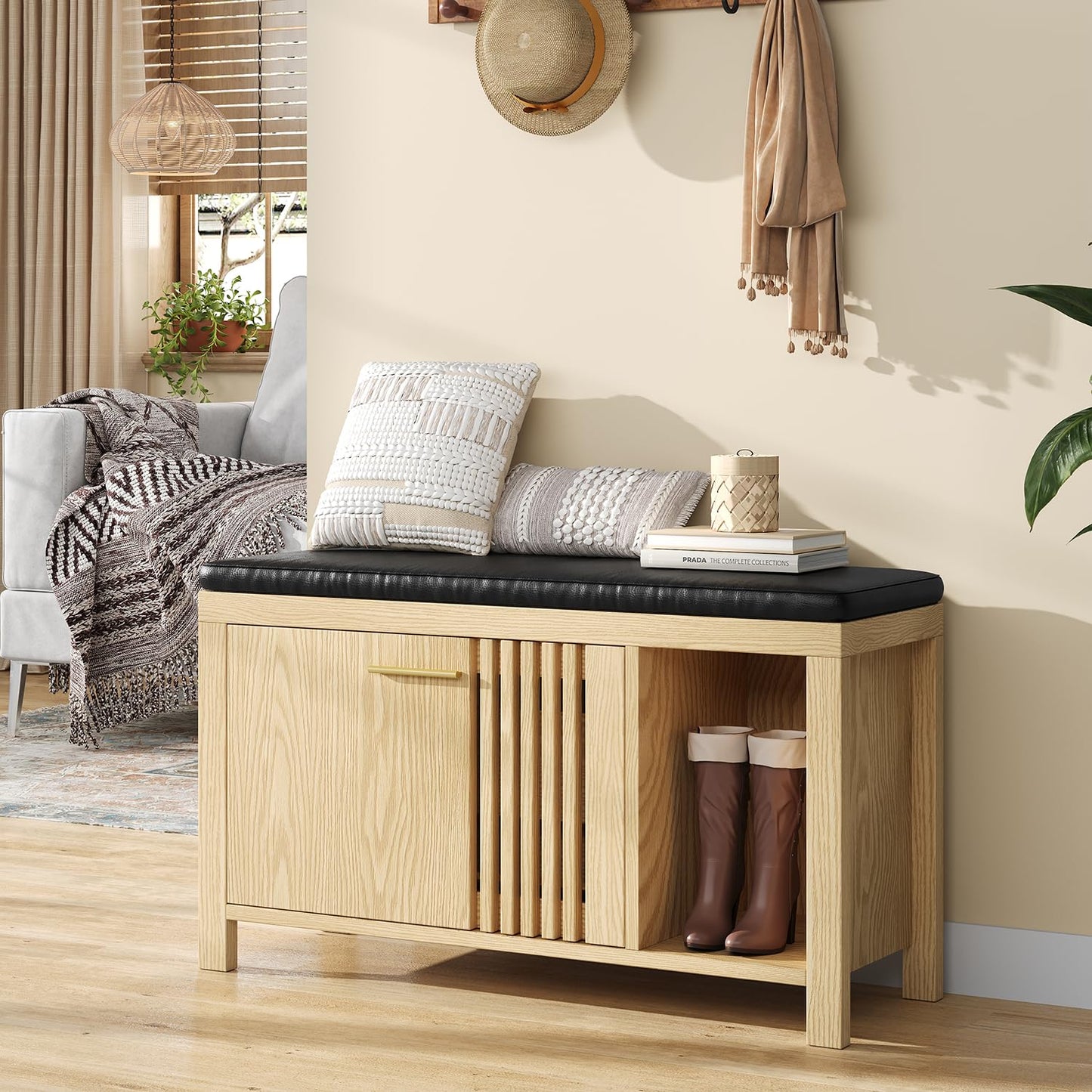 UNIQUITE 40" Shoe Storage Bench with Flip Drawers & Padded Seat Cushion, Open Compartments & Slatted Doors, Entryway Bench with Shoe Storage for Entryway, Hallway, Living Room, Bedroom, Natural