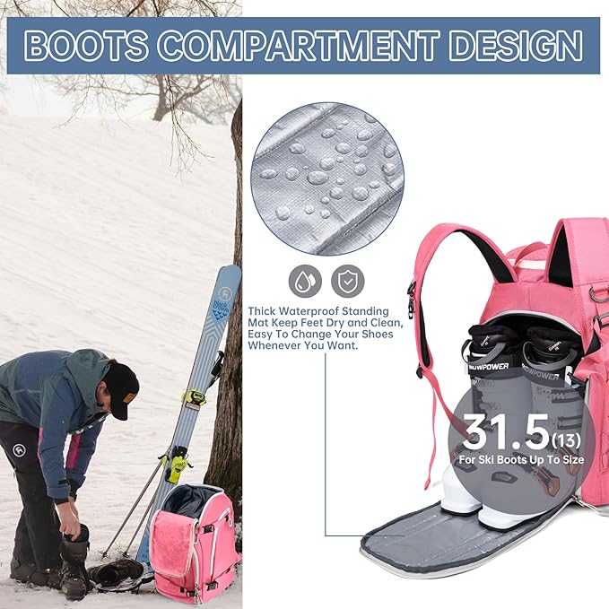 Ski Boot Bag, 50L Ski Boot Travel Backpack for Skis, Snowboard & Accessories, Waterproof Padded Ski Boot Bag Backpack