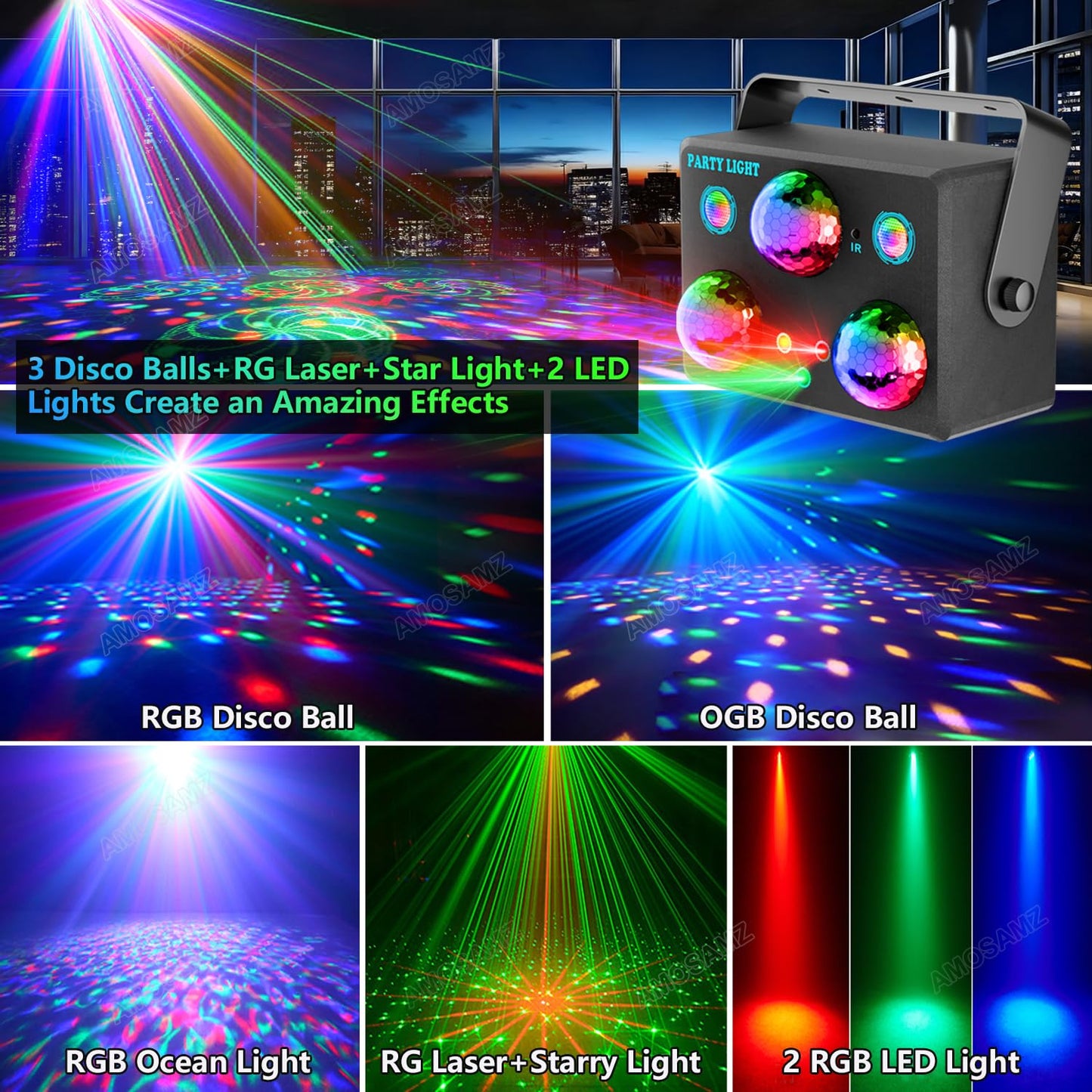 Disco Ball Party Lights,Pro 6 in 1 Disco Lights Sound Activated Dj Strobe with RGB&OGB Disco Balls,Laser Light Show,Ocean Lamp,Star Projector,2 RGB LEDs-Perfect for Disco Glow Party Rave Dance