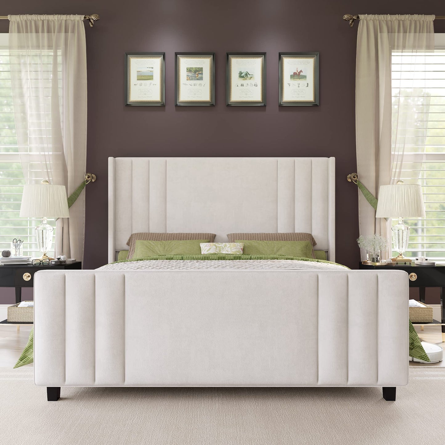 AMERLIFE King Size Bed Frame, Velvet Upholstered Platform Bed with Vertical Channel Tufted Headboard & Footboard/Wingback, Mattress Foundation with Wood Slats, No Box Spring Needed, Cream