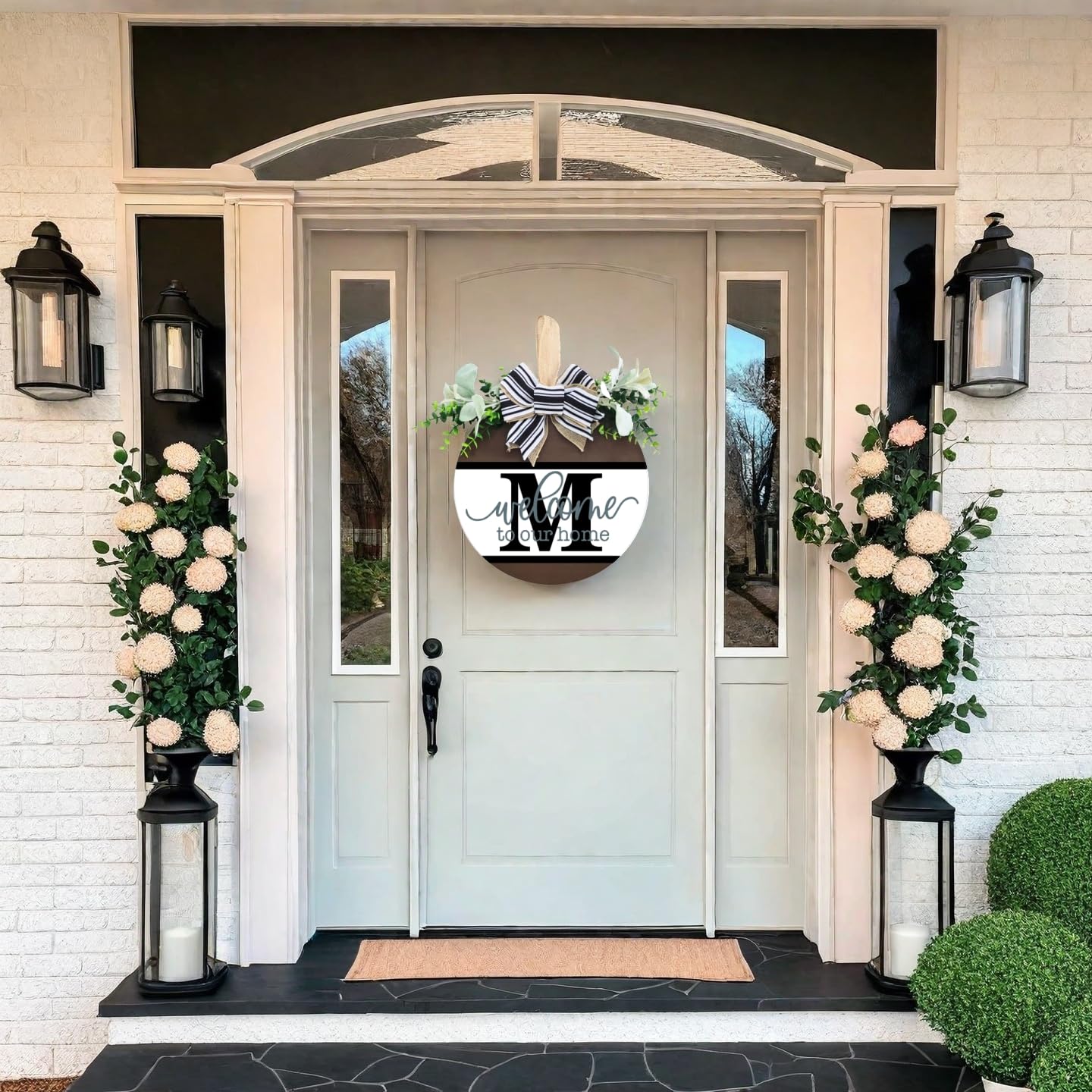 Personalized Last Name Welcome Sign with 26 Initial Letter Welcome Sign for Front Door Porch Farmhouse Decoration, Durable Wood Hanging Plaque for Year-Round Curb Appeal (M)