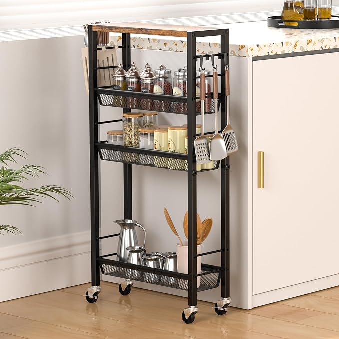 Slim Rolling Cart, 4-Tier Narrow Kitchen Storage Cart, Slim Utility Cart on Wheel, Skinny Bathroom storage cart with Wood Tabletop, 6.0" Deep, For Kitchen, Dining Room, Living Room, Laundry Room