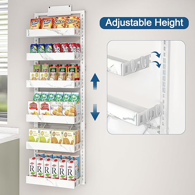 BUKFEN 6-Tier Over the Door Pantry Organizer, 2-in-1 Door Hanging or Wall Mounted Spice Rack, Heavy Duty Metal Storage Shelves with Adjustable Baskets for Kitchen Bathroom Closet, 1 Pack