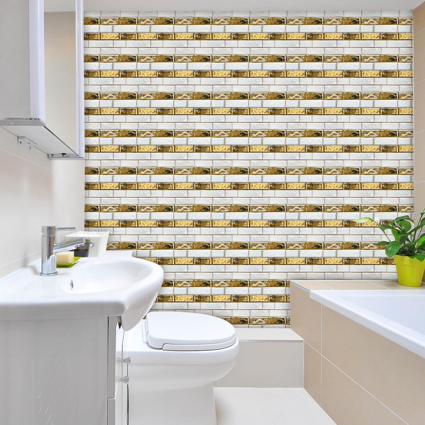 HOMETITUTE 20Pcs White Gold Brick Tile Stickers Peel and Stick Decorative Tiles Waterproof Removable Sticker Tiles Backsplash Decals for Kitchen Bathroom Fireplace Stair Riser Wall 4x4 Inch(not 3D)