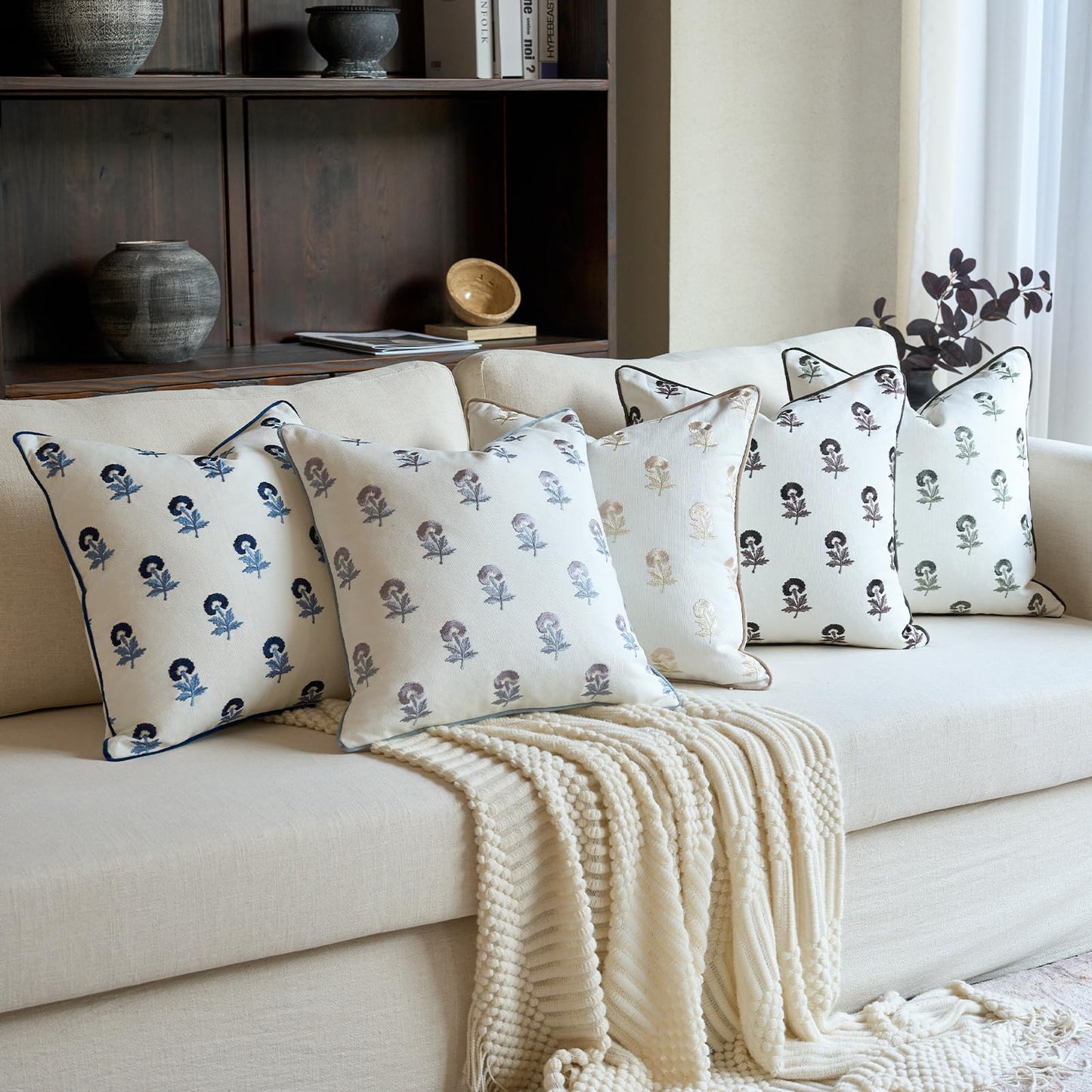 FIOUOVO Embroidered Floral Pillow Covers 18x 18 Set of 2 Cotton Farmhouse Throw Pillow Covers with Piping Edge Decorative Cushion Covers for Sofa Couch Bedroom Living Room, Olive Green