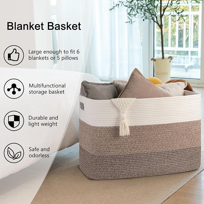 OIAHOMY 108L Large Cotton Rope Basket, Rectangle Woven Baskets for Storage, Nursery Blanket Storage Living Room, Toy Basket with Handle-25”x16”x16”-Gradient Dark Brown