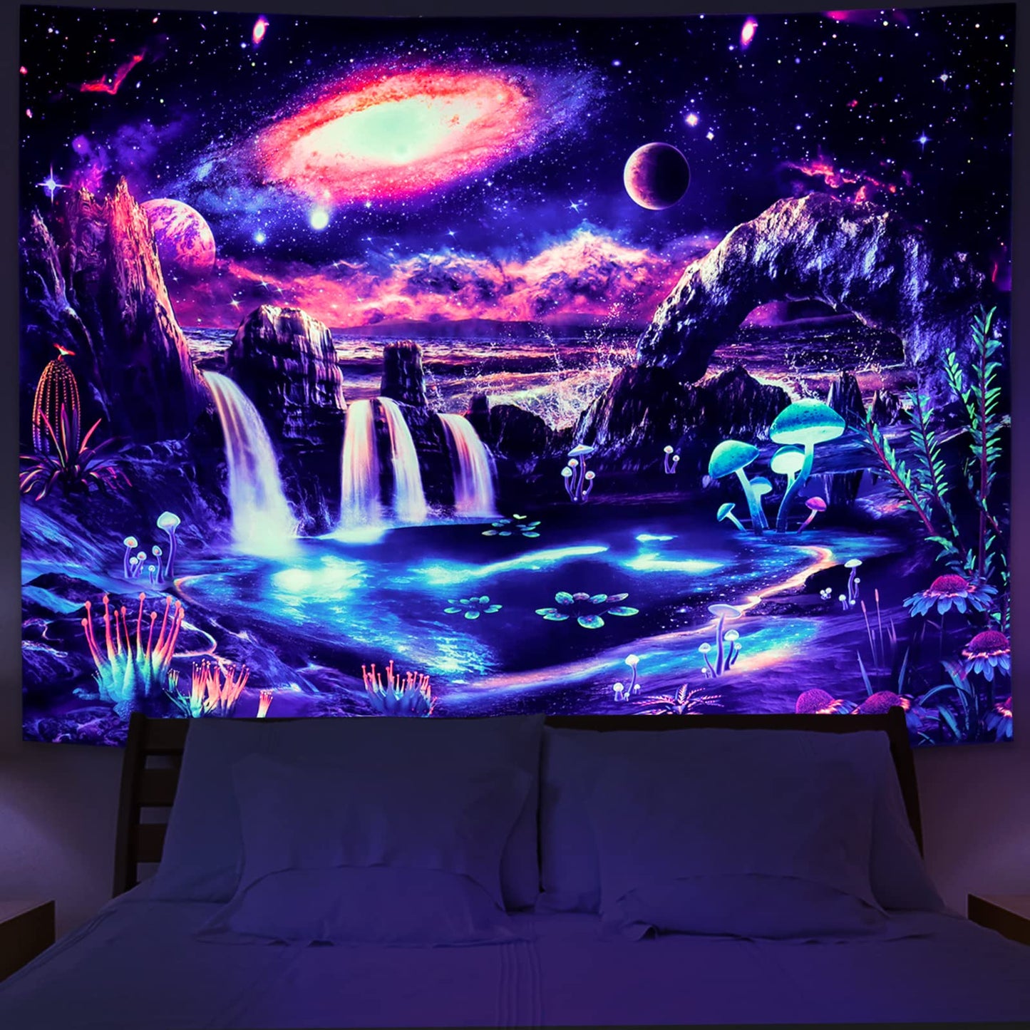 Lahasbja Blacklight Galaxy Planet Tapestry UV Reactive Waterfall Landscape Tapestry Mountain Wave Wall Tapestries Neon Nebula Plants Wall Hanging for Room
