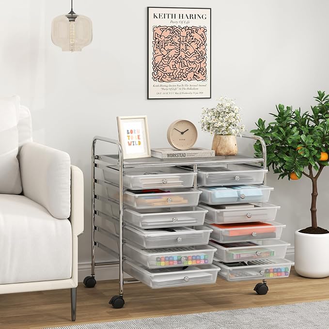 COSTWAY 12-Drawer Rolling Storage Cart, Utility Storage Organizer Cart for Tools, Scrapbook, Paper, Craft, Multipurpose Art Supply Organizer on Wheels for Home Office School, Teacher, Clear