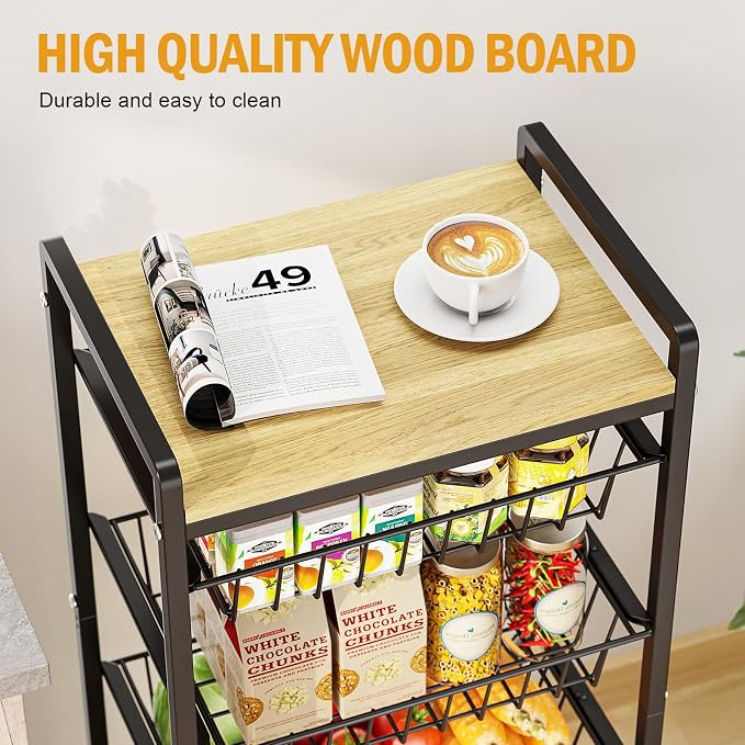 TOOLF 5-Tier Kitchen Cart with Tabletop, Rolling Snack Cart with Lockable Wheels, Fruit Vegetable Storage Basket with 4 Pack Mats, Metal Storage Rack with Pull-Out Pantry Cart for Organizer