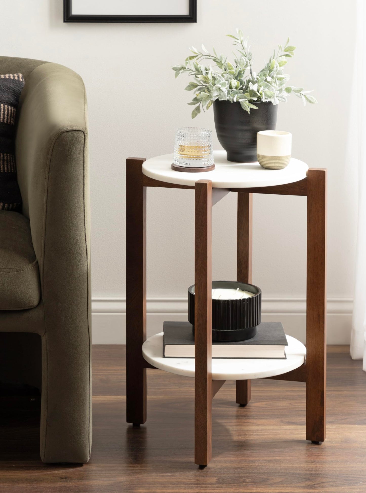 Kate and Laurel Moxley Transitional Round Side Table; 16 x 16 x 22; White Marble and Walnut Brown; Tiered Pedestal Table with Authentic Marble Tabletops for Bedroom Nightstand or Indoor Plant Stand