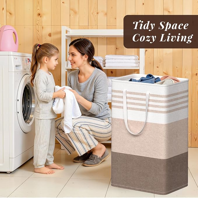 WOWBOX 2 Pack Laundry Baskets, Laundry Hampers, Freestanding Dirty Clothes Hampers with Reinforced Handles & Cross Stitch & Waterproof Coating, for Laundry Bedroom Bathroom Dorm,88L Khaki