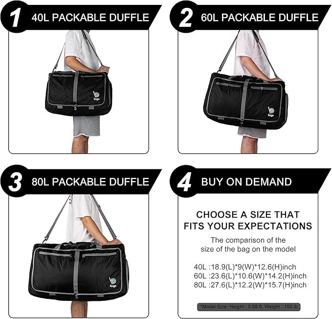 Bago Foldable Duffel Bags for Traveling Women & Men - 60L Medium Packable Duffle Bag for Travel with Shoe Compartment - Water Repellant, Heavy Duty, Lightweight Folding & Collapsible (SnowPink)