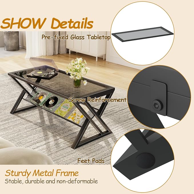 Wolawu Glass Coffee Table Living Room Table with Storage Shelf, Grey Glass Table Simple Modern Rectangular Tables with Sturdy Black Metal Frame,Industrial Glass Coffee Table for Bedroom Home Office