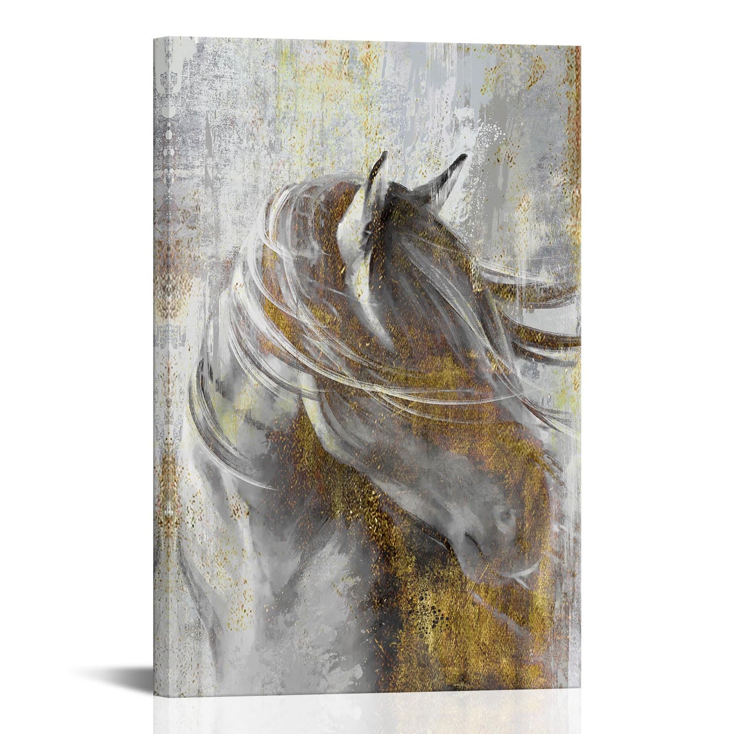 LoveHouse Horse Wall Art Abstract Gold Grey Horse Canvas Paintings Modern Horse Wall Decor for Living Room Bedroom Office Framed 24"x36"