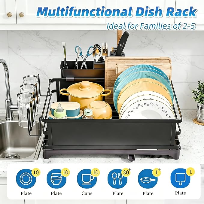 Simple Trending Dish Drying Rack, Space-Saving Large Dish Rack for Kitchen Counter, Anti-Rust Dish Drainer with Cutlery & Cup Holders, Black