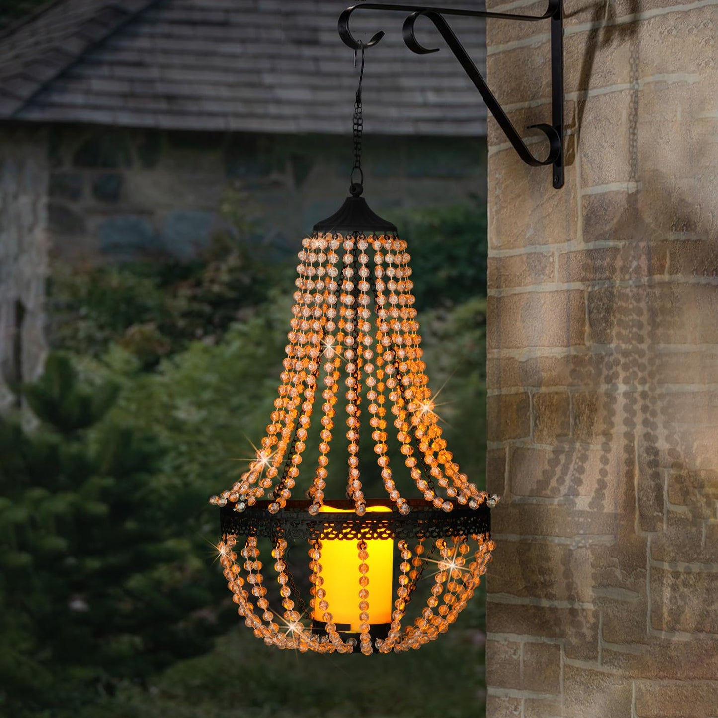 Hanging Candle Lantern Outdoor, 27” Battery Operated Modern Clear Acrylic Crystal Chandeliers with Flickering Yellow Led Candle Light S Hooks for Garden, Backyard, Gazebo, Room Indoor Indoor Decor