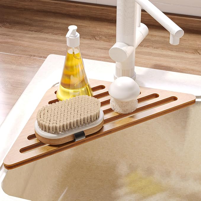 VERTORGAN Dish Drying Rack for Sink Corner,Over The Sink Bamboo Dish Drainer Drying Rack,Dish Drainer Mat for Kitchen,Sink Accessories(Natural)