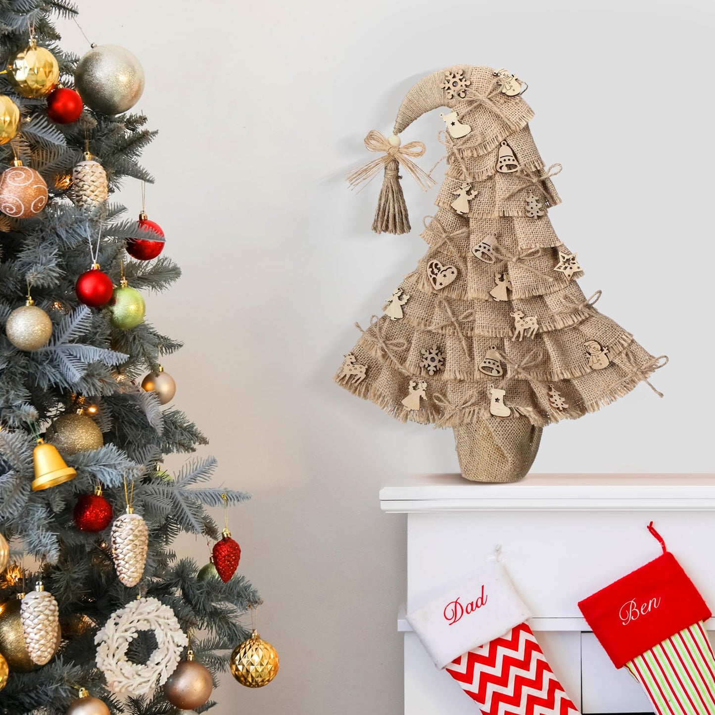 Civaner Boho Christmas Tree Tabletop Decor 16 Inch Mini Christmas Tree Burlap Jute Xmas Table Decoration with Santa Hat Bow Snowflake Bell Deer Design for Xmas Holiday Farmhouse Home Kitchen