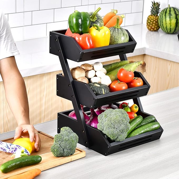 VIKEYHOME Fruit Basket, 3 Tier Bamboo Fruit Bowl for Kitchen, Fruit Vegetables Stand Storage Holder, Idea Home Kitchen Countertop Organizer