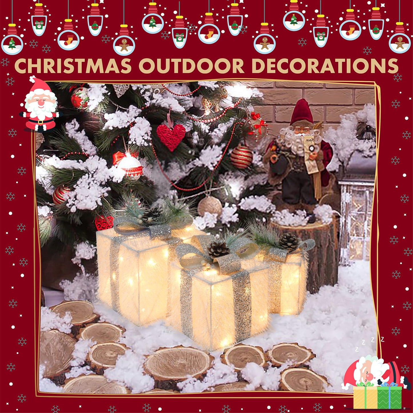Set of 3 Christmas Lighted Gift Boxes with 60 LED Lights, Plug-in Holiday Decorations for Xmas Tree, Home, Indoor Outdoor Décor(Silver)