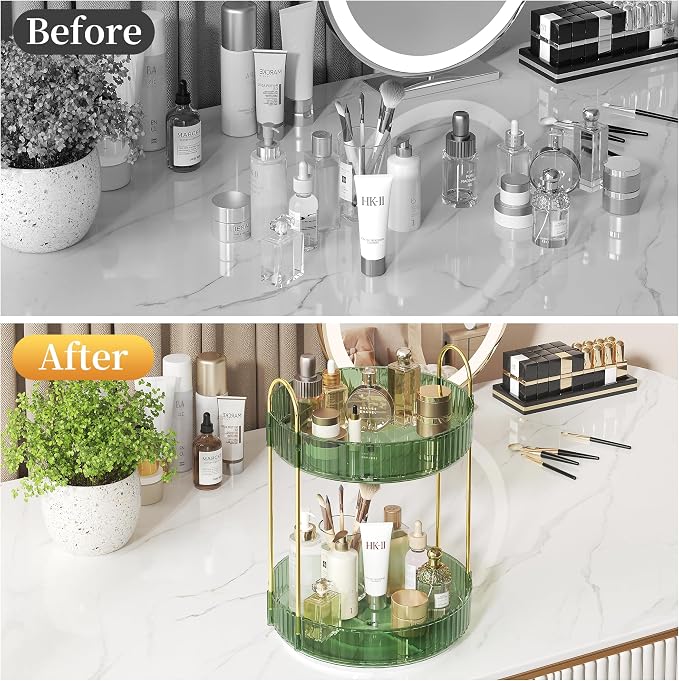 Rotating Makeup Organizer Countertop,Skincare Organizers,Spinning Perfume Tray Stand,Makeup Storage Organizer for Vanity,Bathroom Organizer and Storage,Lazy Susan,2 Tier,Green