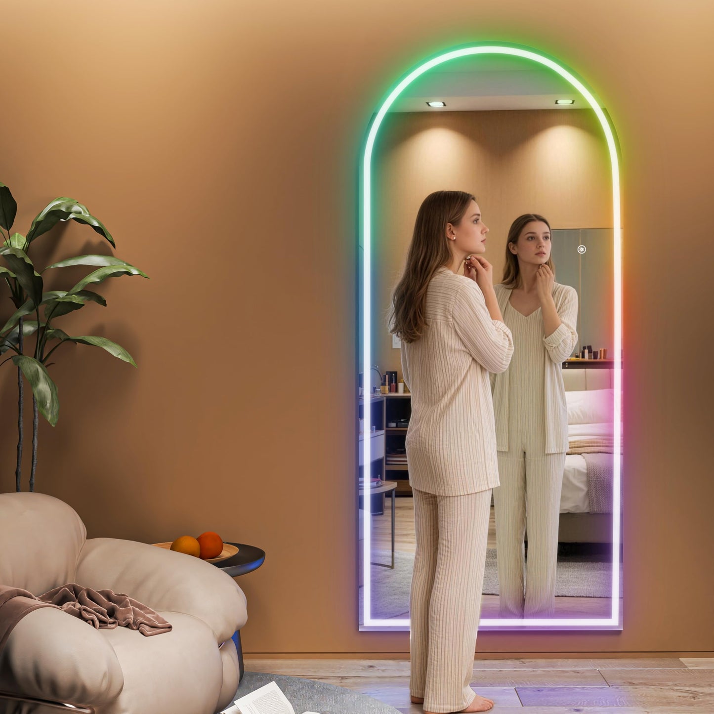 Hasipu Arch Full Length Mirror 95 x 40 in with Stand — Arch LED RGB Full Body Mirror, 7 Lighting Modes, Dimmable, Built‑in Bluetooth Speaker, White Frame for Bedroom Dressing Room