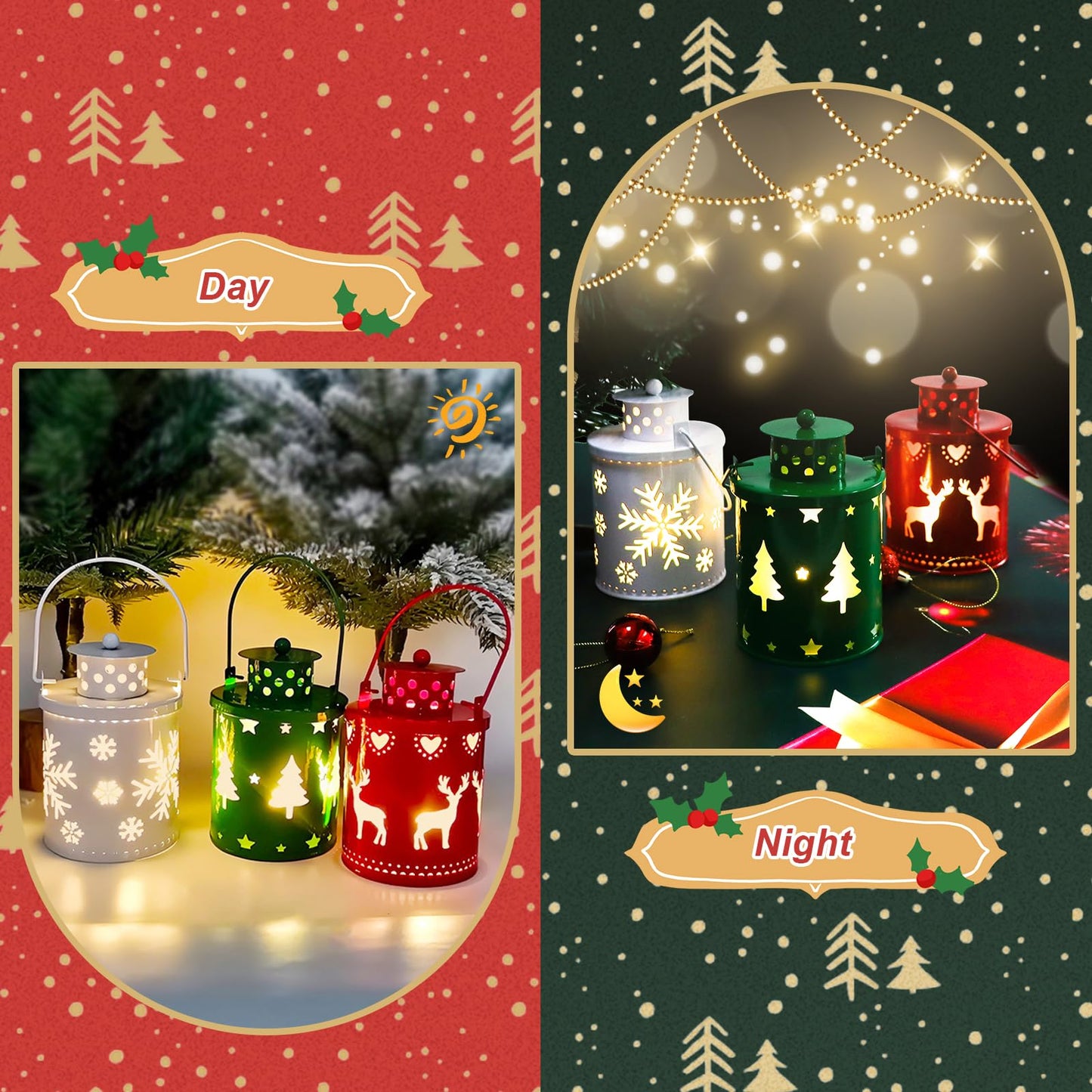 YBB 3 Pack Christmas Decorative Lantern Lights, Flameless Battery Operated Hanging Metal LED Candles Lanterns for Christmas Centerpiece Table Indoor Outdoor Party Decoration