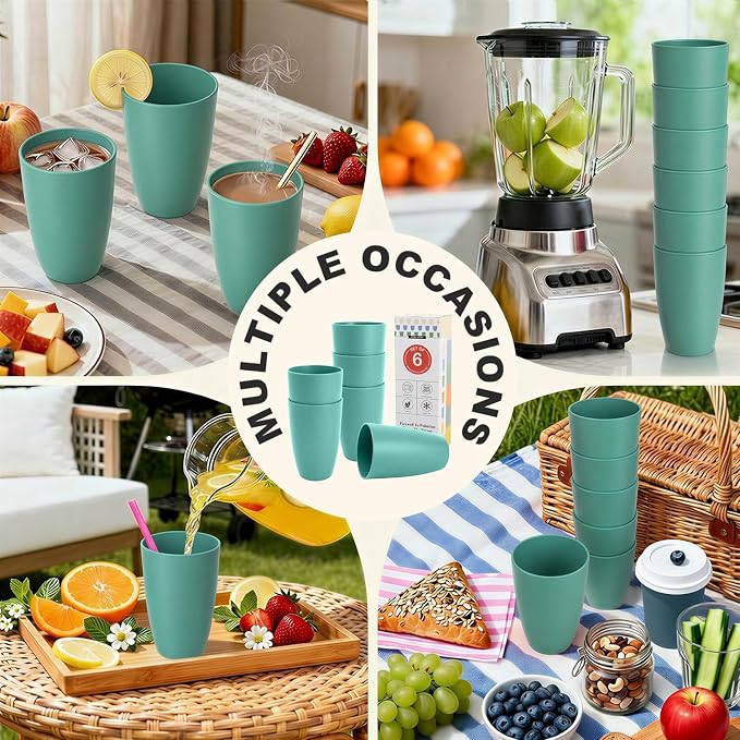 20 OZ Large Wheat Straw Cups Set of 6, Unbreakable Reusable Plastic Cup Alternative, Dishwasher Safe Drinking Cups & Tumblers for Kitchen, Outdoor, Green