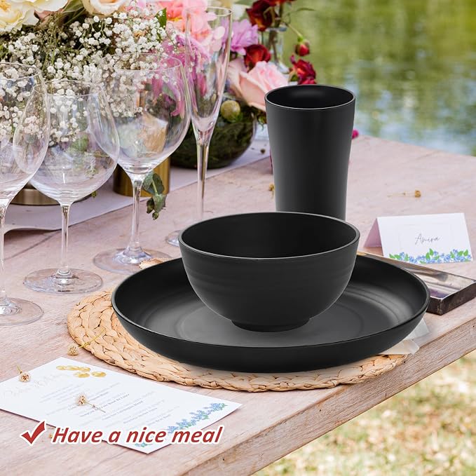18 Piece Wheat Straw Dinnerware Sets - Kitchen Plates and Bowls Set SANLUNS Unbreakable Reusable Dinnerware Set Dishes set Dishwasher and Microwave Safe Plates Black