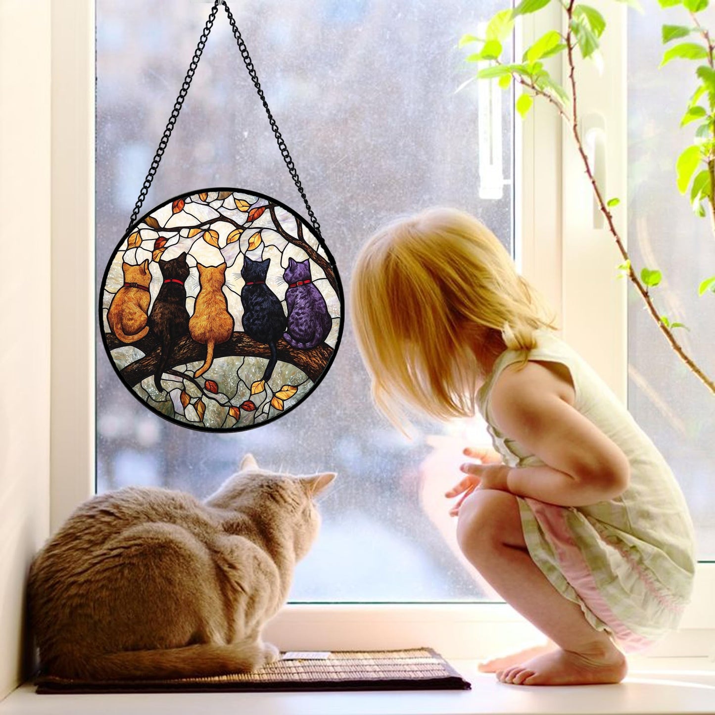 DASTOLL Stained Glass Window Hanging - 5 Cats on a Branch Suncatcher for Window Doors Home Decoration and Christmas, Mother's Day Father's Day Birthday Gifts for Women, Men, and Mom 9.8x9.8 in