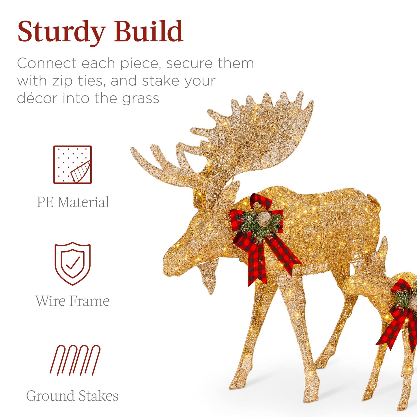 Best Choice Products 2-Piece Moose Family, Lighted Outdoor All-Weather Christmas Yard Decoration Light-Up Décor Set w/ 170 LED Lights, Ground Stakes, Zip Ties - Gold