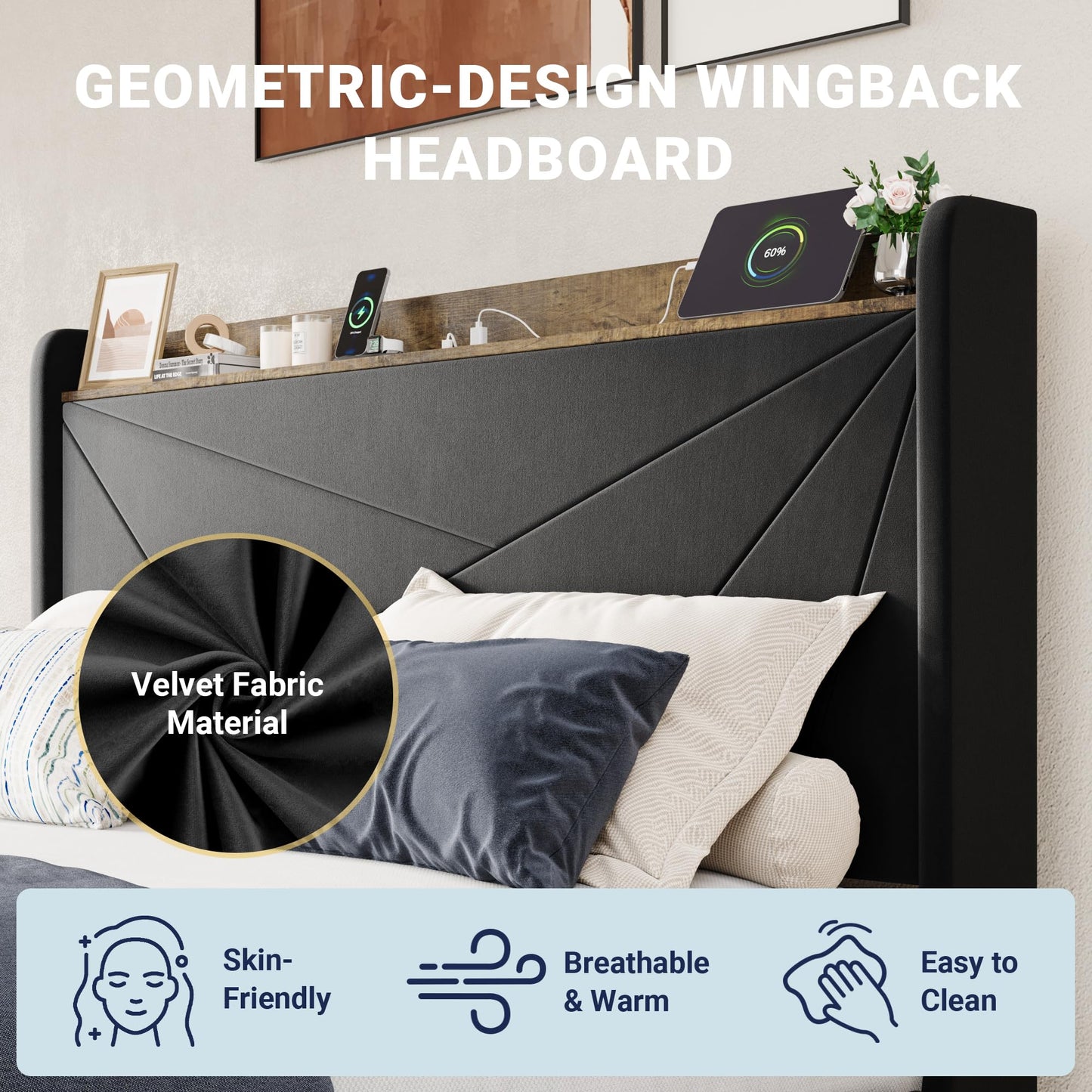 Allewie Queen Size Velvet Bed Frame with 3 Storage Drawers, Upholstered Platform Bed with Wingback Storage Headboard and USB Ports, No Box Spring Needed, Easy Assembly, Black