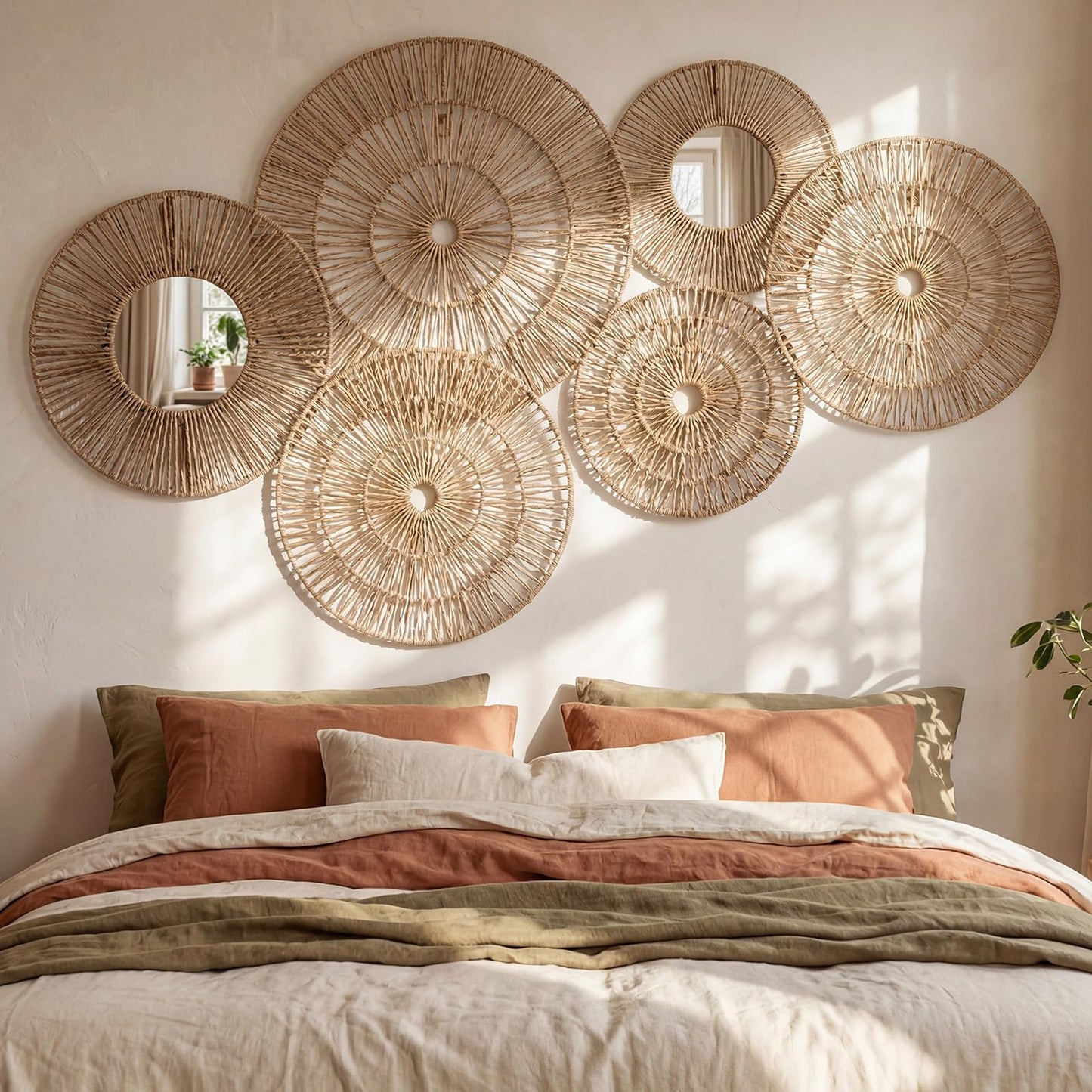Yerliker 9 Pack Wicker Jute Wall Decor Baskets - Wicker Woven Jute Wall Mirrors Baskets Decorative Boho Hanging Woven Basket, Rustic Round Mirrors Natural Home Decor Set for Bedroom Living Room