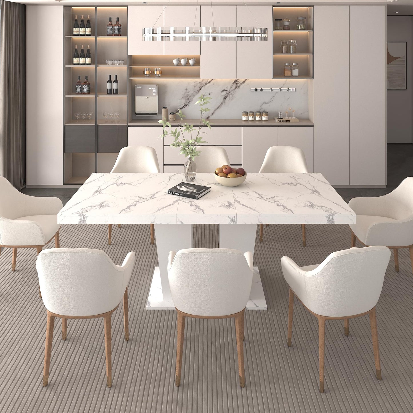 Ball & Cast Expandable Dining Table for 6-10,63-78.74" Kitchen Table W/Heavy Duty Pedestal Base,Rectangular Extendable Dining Room Table for Small Space,White Marble
