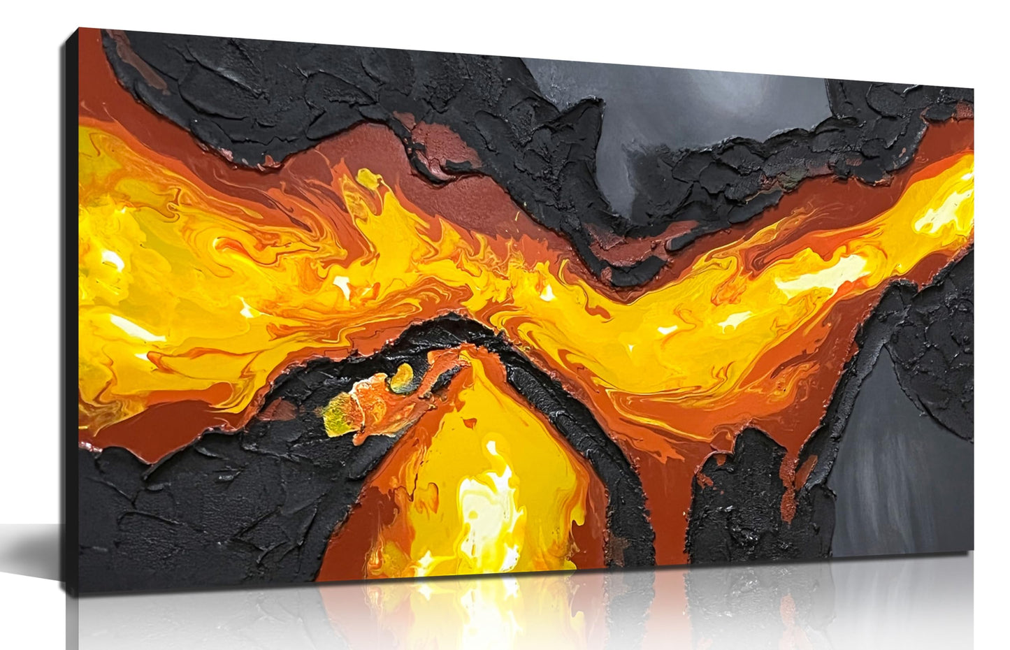 GUGIKA Abstract Wall Art for Living Room, Hand Painted 3D Textured Magma Paintings, Black and Gold Yellow Volcanic Lava Canvas Wall-Decor for Bedroom, Size 40 x 20 Inches