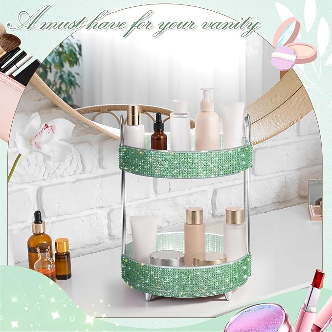 Honeydak 360 Rotating Perfume Organizer Gift for Women, Rhinestone Preppy Skincare Organizer Bathroom Counter Makeup Holder Skincare and Perfume Storage for Cosmetic(2 Tiers,Resin Diamond,Green)