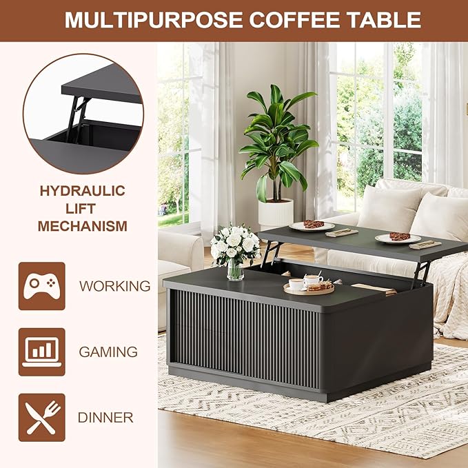 Itaar 39.4'' Lift Top Coffee Table with Storage, Fluted Coffee Tables for Living Room, Square Coffee Table with Large Hidden Compartment & 2 Drawrs & Adjustables Shelves, Black