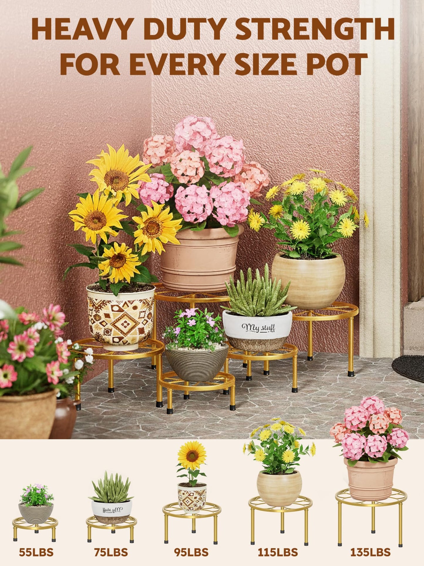 NQW 5-piece set of Metal Plant Potted Flower Racks,Heavy-Duty Flower Pot Plant Racks,Anti-Rust Iron Flower Racks for Indoor and Outdoor Home Garden Patio Decoration(GoldFlower)