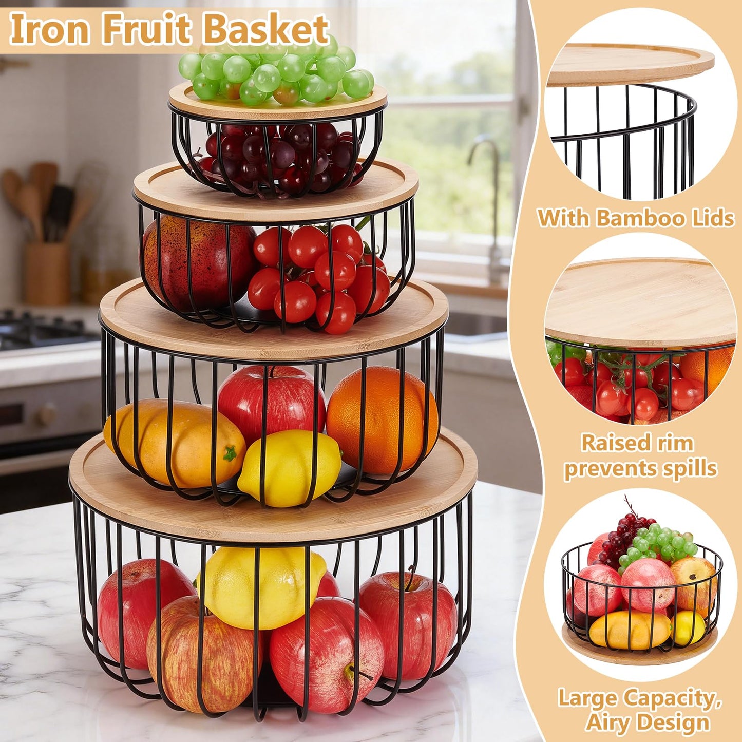 INTERWARM 4Pcs Fruit Basket for Kitchen Counter Set, 4 Size Round Fruit Basket with Wooden Lid Countertop Bin for Produce Fruits Lemon Banana Candy Snack in Office(Black)