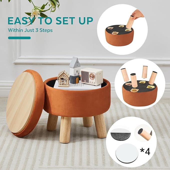 Small Foot Stool Ottoman with Storage, Velvet Ottoman Foot Rest for Couch, Round Footstool with Storage, Small Ottomans and Footstools for Living Room and Entryway (Orange)