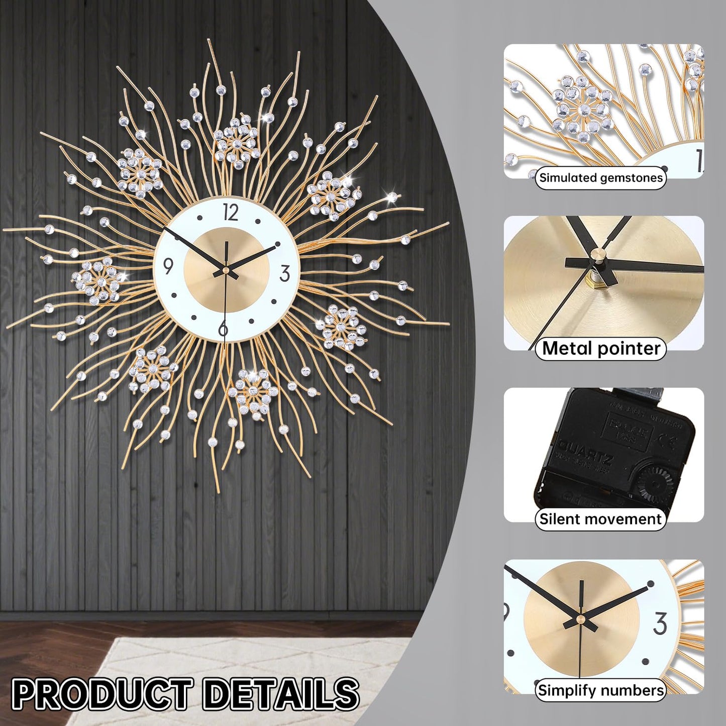 SIN&MI Large Wall Clocks, Silent Sunflower Shape Chic Decorative Wall Clock, Modern Non-Ticking Round Clock Dial Iron Metal Wall Clock for Living Room Decor Entrance Office Cafe 20 Inch
