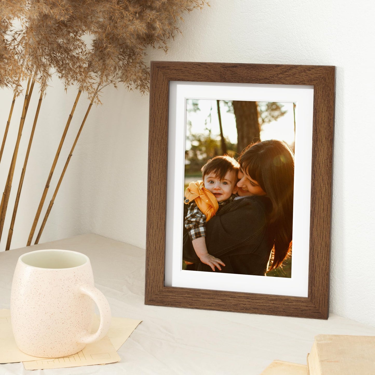 FLYJOE 5x7 Oak Wood Picture Frame with Mat for 4x6, 5 by 7 USA-Sourced Natural Solid Wooden Photo Frame for Wall & Tabletop Display, Shatterproof Plexiglass, 1 Pack, Walnut Color