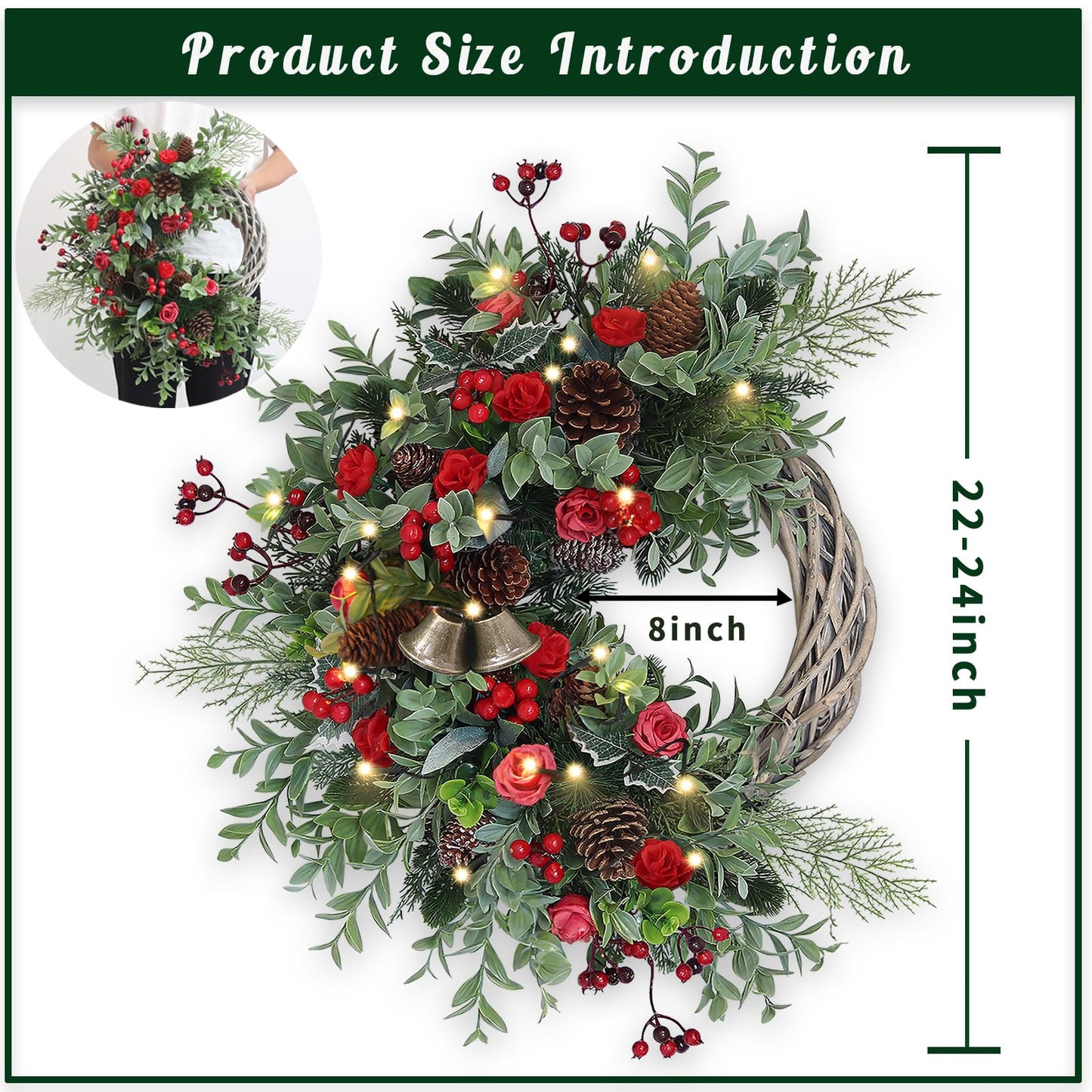 Christmas Wreath for Front Door, Artificial Door Wreaths with LED Lights Bells Berries & Pinecones Christmas Decorations, Xmas Wreaths for Wall Window Fireplace Holiday Home Decor