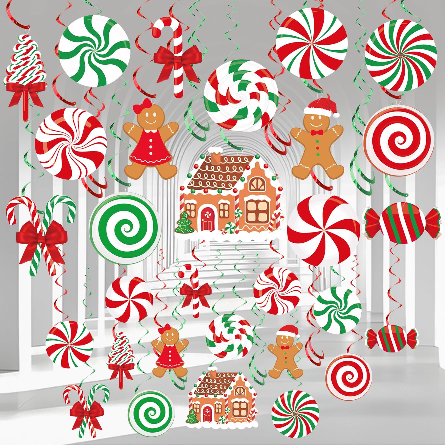 36 PCS Christmas Hanging Swirls Decorations Pre-Strung Candy Gingerbread Man Hanging Streamers Christmas Red Green Candies Gingerbread House Ceiling Swirl Streamer for Xmas Holiday Party Home Decor