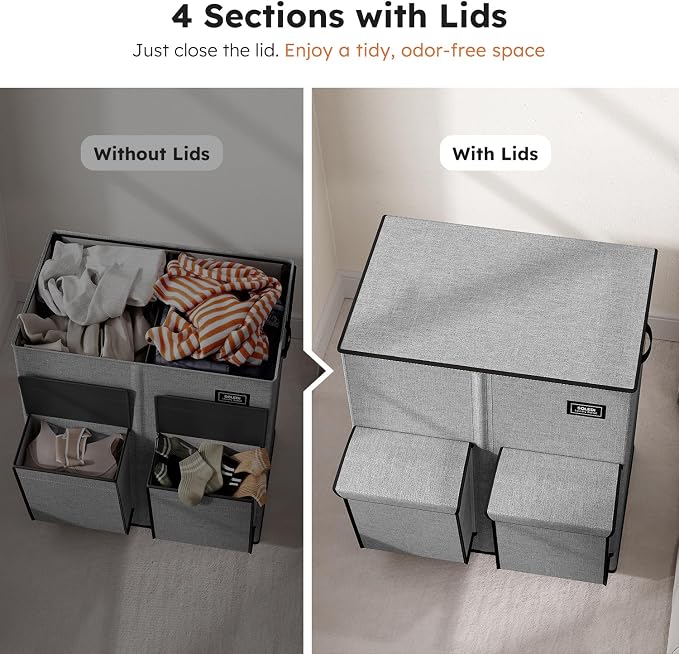 SOLEDI Double Laundry Hamper with Lid, 47.8 Gal (180L) Large Laundr Basket 2 Section with 2 Side Pockets, Dirty Clothes Hamper with Removable Bag, Easy to Carry for Laundry Room, Bedroom, Grey