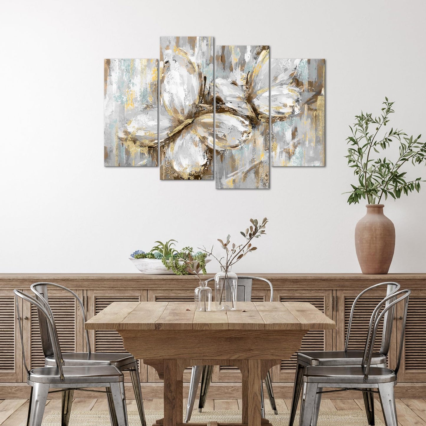 Biuteawal 4 Panel Abstract Butterfly Canvas Wall Art Cute Animal Picture Prints Modern Gold and Blue Painting Still Life Artwork Home Bedroom Living Room Decor Gallery Wrap