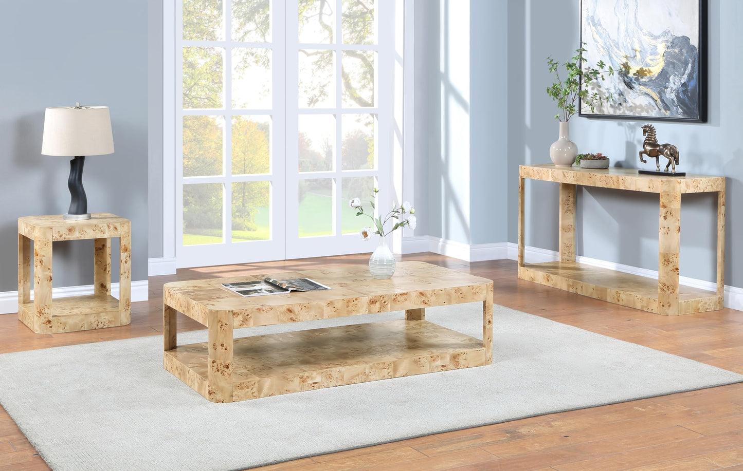 Meridian Furniture 99068Burl-CT Reeves Collection Art Deco Coffee Table with Rich Burl Finish, Burl Veneer, Mix of Solid Wood and MDF, 54" W x 28" D x 15" H, Beige