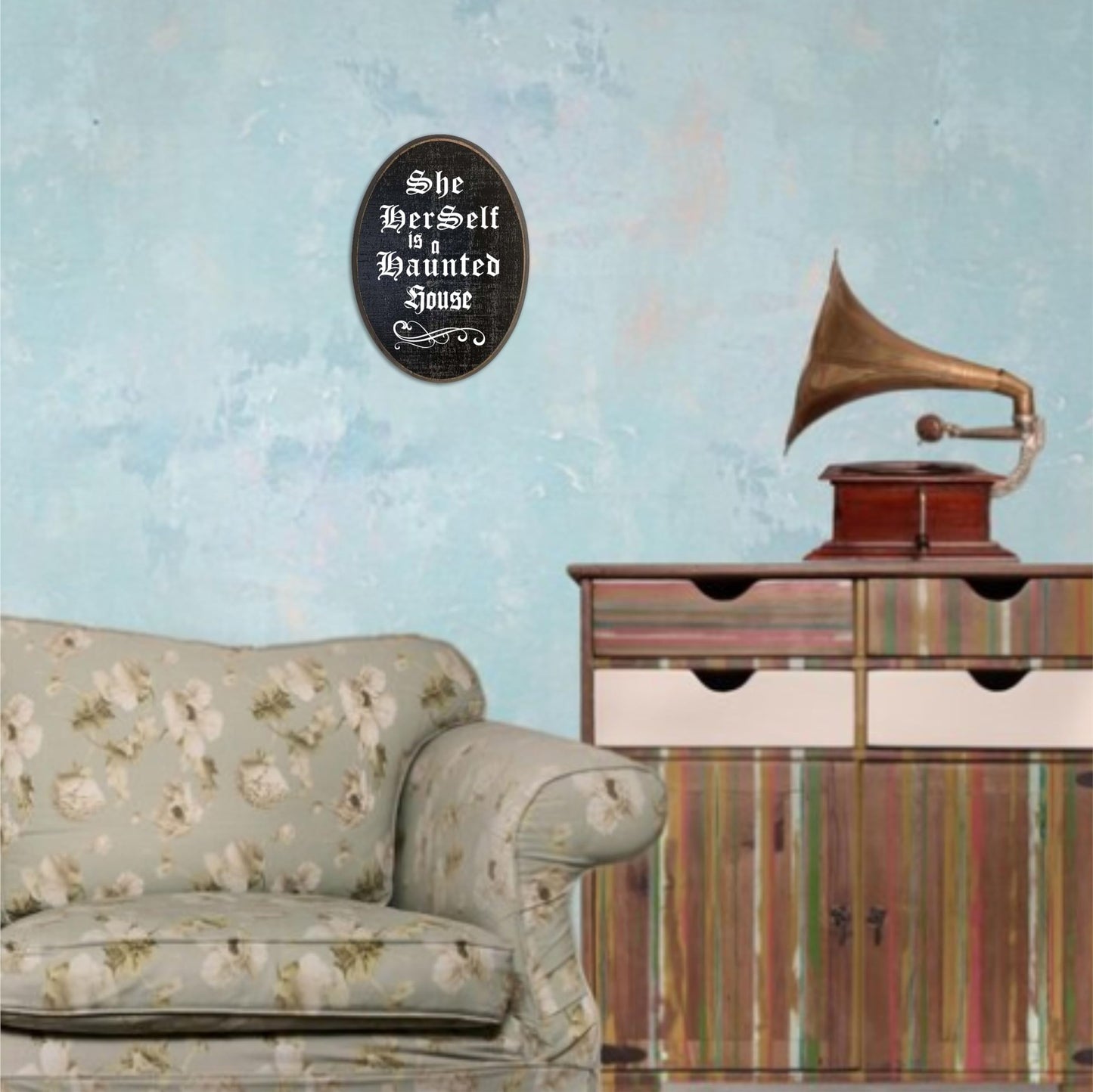 Gothic Hanging Wooden Plaque With Metal Hook - She Herself Is A Haunted House - 5"X7" Oval Solid Pine Wood Door Hanger, Decorative Wooden Wall Art, Home & Office Decor, Goth Room Hanging Sign - C07