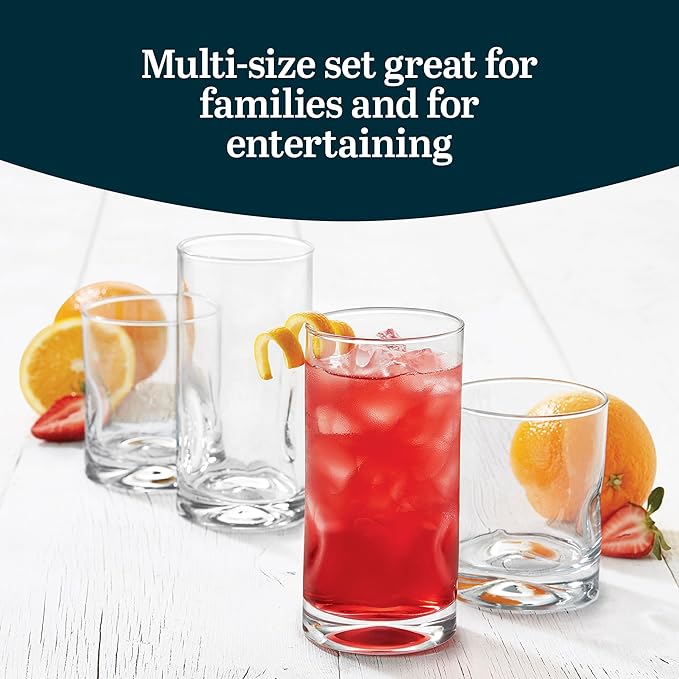 Libbey Impressions 16-Piece Tumbler and Rocks Clear Drinking Glasses, 8 16.7oz & 8 12oz Double Old-Fashioned Glass Drinking Cups Set